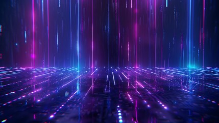 A futuristic digital landscape featuring vibrant neon lights and glowing lines, perfect for technology and sci-fi themes. Stage for product presentation.