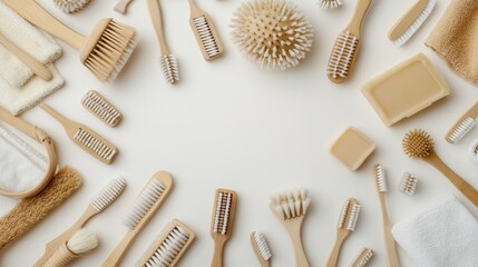 Fototapeta premium A curated arrangement of eco-friendly personal care products showcasing bamboo toothbrushes among vibrant natural leaves, emphasizing sustainability and organic textures.