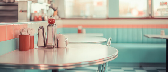 A retro diner scene featuring pastel colors and classic decor, showcasing tables with condiments...