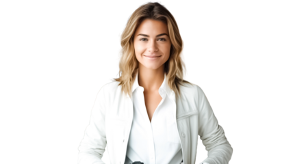Beautiful happy young female wearing a business formal wear Isolated on a PNG background.