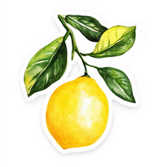 Watercolor single lemon sticker icon. Hand drawn ripe lemon branch with green leaves on white background. Generative AI