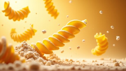 Naklejka premium Rotini pasta spirals mid-air, dusted with flour, illuminated by warm light