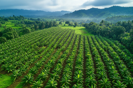 aerial shot of a banana plantation, banana tree and leaf view from top