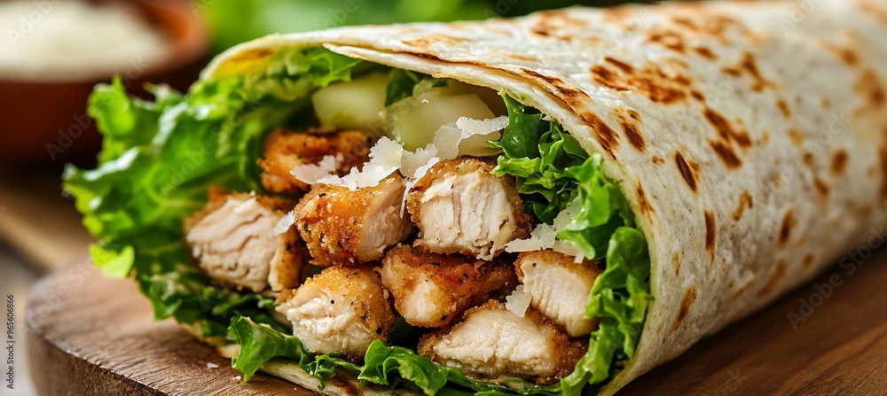 Wall mural A fresh, crispy chicken Caesar wrap with romaine lettuce and parmesan cheese