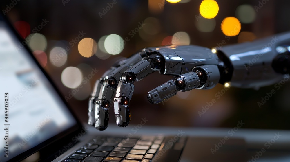Poster automated hand typing on a computer. stock replacement for humans in dealing with each other.