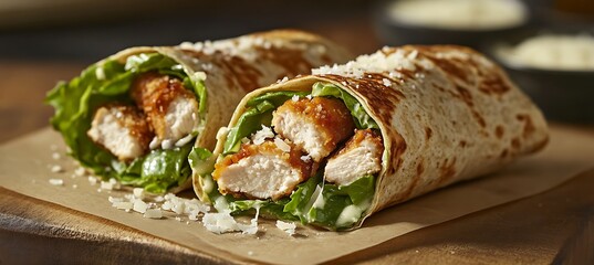 A fresh, crispy chicken Caesar wrap with romaine lettuce and parmesan cheese