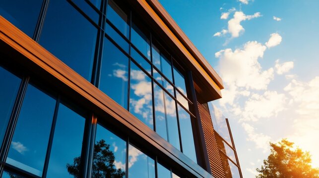 Modern glass building exterior reflecting the blue sky and clouds with a hint of trees, showcasing contemporary architecture and design.