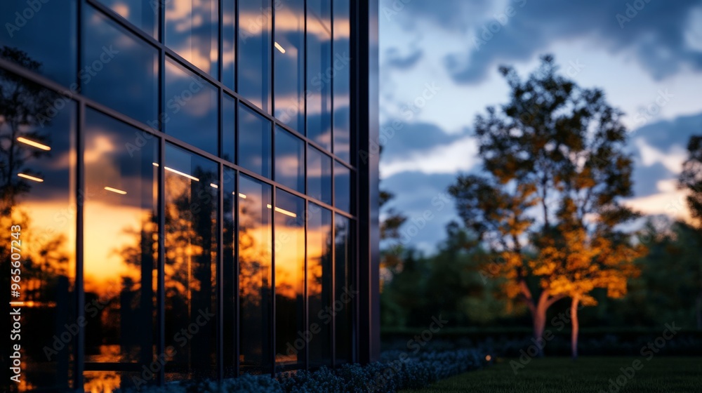 Poster modern glass building reflecting a vibrant sunset with trees in the foreground, creating a stunning 