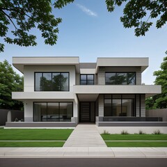 Modern luxury house with a well-manicured lawn..