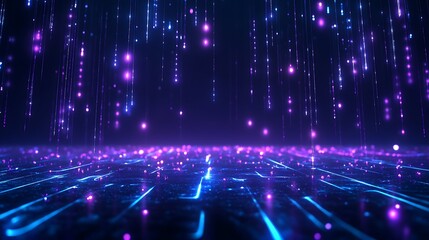 Obraz premium A mesmerizing digital landscape featuring vibrant purple and blue lights cascading smoothly over a futuristic grid. Stage for product presentation.