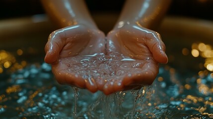 Fototapeta premium Water Droplets Flowing Through Cupped Hands - Close Up Photography