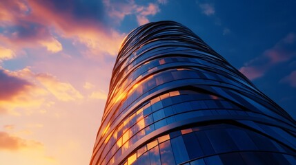 Modern glass skyscraper reflecting beautiful sunset skies with dynamic cloud formations in urban cityscape architecture.