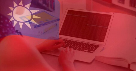 Animation of flag of republic of china over caucasian businesswoman using laptop - Powered by Adobe
