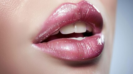 Obraz premium Shiny lips with a perfect application of pink lip gloss