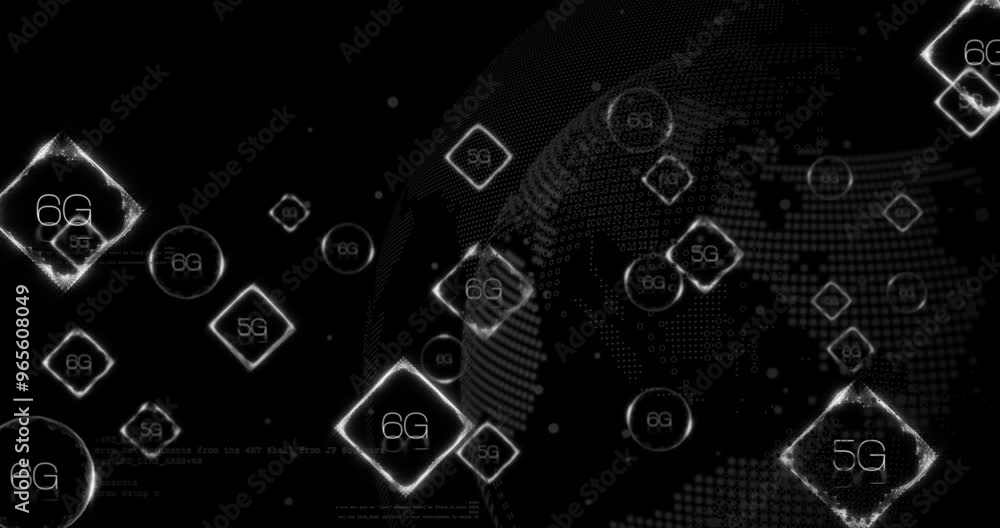 Poster animation of 6g and 5g over globe with data processing on black background