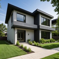 Modern luxury house with a well-manicured lawn..