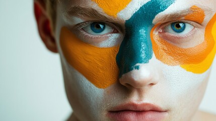 Close-up portrait of a man with abstract colorful makeup on his face