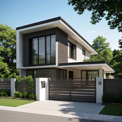 Modern luxury house with a well-manicured lawn..