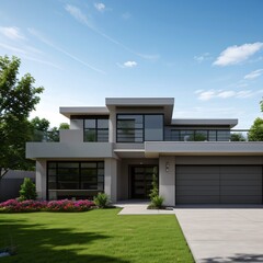 Fototapeta premium Modern luxury house with a well-manicured lawn..