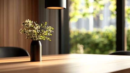 Modern interior with wooden table, black vase and flowers, softly lit by natural light from large windows. Cozy and minimalistic design.