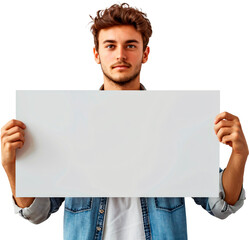 protesting man holds blank poster with no description white background