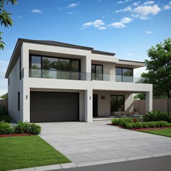 Modern luxury house with a well-manicured lawn..