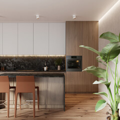 Modern kitchen design with natural stone granite Mystic Grey. Stone top and island with detail of interior faucet and home appliances.