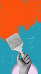 Contemporary art collage showing a hand holding a paintbrush. Concept of painting a wall.