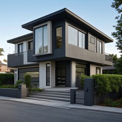 Modern luxury house with a well-manicured lawn..