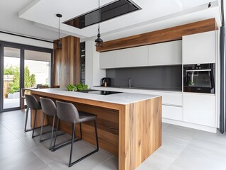 Modern kitchen with white cabinets, wood accents, and a large island with bar stools.