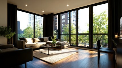 Fototapeta premium Modern living room with large windows offering a stunning city view, beautifully furnished with cozy seating and elegant decor.
