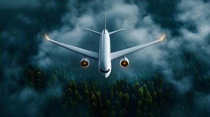 Fototapeta premium An environmentally sustainable biofuel concept of a white airplane flying over green trees, 
