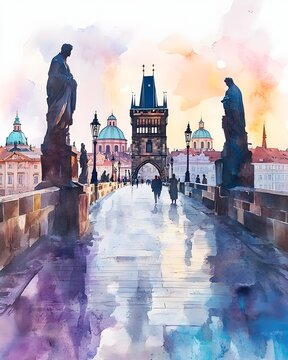 Impressionistic Watercolor Painting of Iconic Prague Charles Bridge with Historic Statues and Scenic City Views