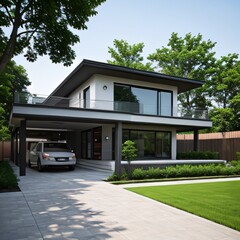 Modern luxury house with a well-manicured lawn..