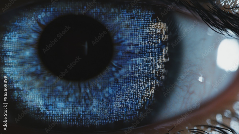 Poster 3d rendering of a human eye iris and pupil after a flash. rainbow lines after a flash scatter out fr