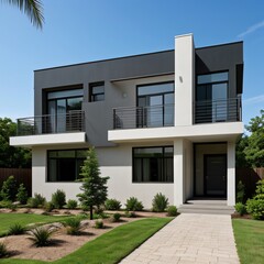 Fototapeta premium Modern luxury house with a well-manicured lawn..
