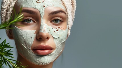 Fototapeta premium Woman's face with a natural mask applied and visible fresh ingredients