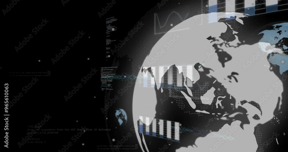 Aufkleber animation of financial data processing over globe on black background