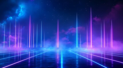 Fototapeta premium A vibrant abstract landscape featuring neon lights and fog, creating a surreal and futuristic atmosphere. Stage for product presentation.