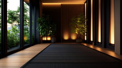 Modern minimalist interior with natural lighting and green plants, creating a serene and peaceful ambiance. Ideal for contemporary design inspiration.