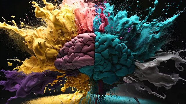 vibrant and dynamic illustration of a human brain, split into two hemispheres, with splashes of colorful paint exploding outward