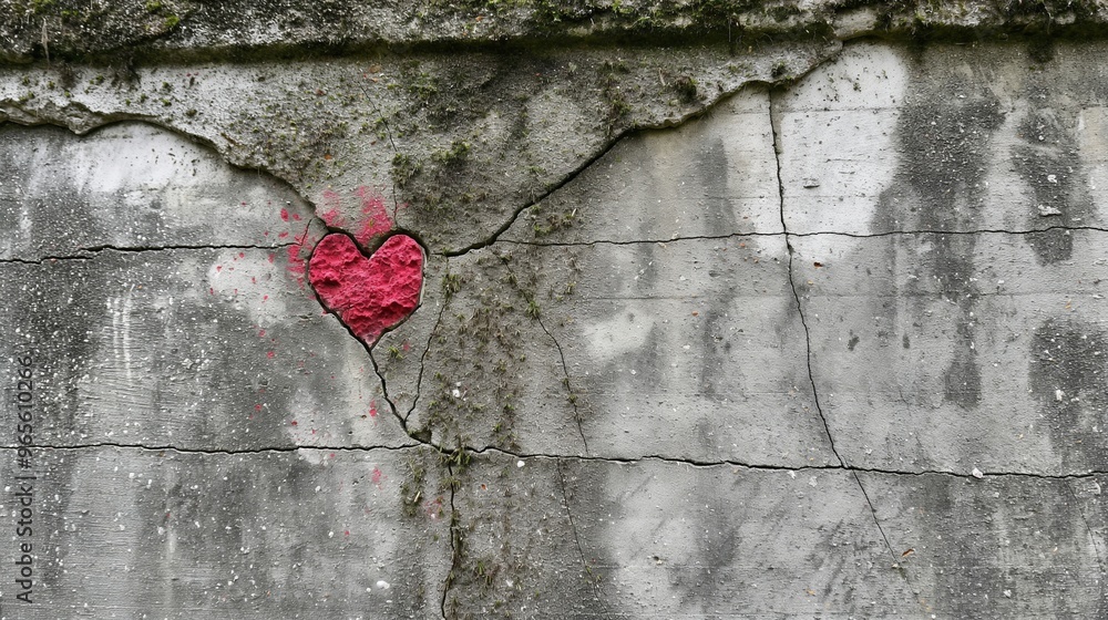 Aufkleber weathered concrete wall with red heart within deep crack background image. rough aged surface vibran