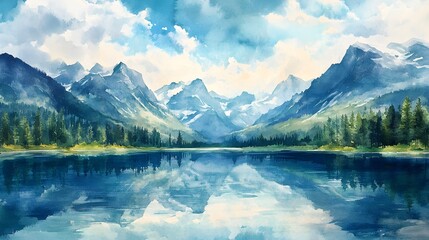 Impressionistic Watercolor of Majestic Rocky Mountain Landscape with Alpine Lake Reflection