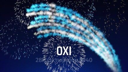 October 28, happy greece ohi day banner. Fireworks greek flag on blue night sky background. Animated greeting card. Seamless loop. Translation: December Ohi day October 28, 1940 - Powered by Adobe