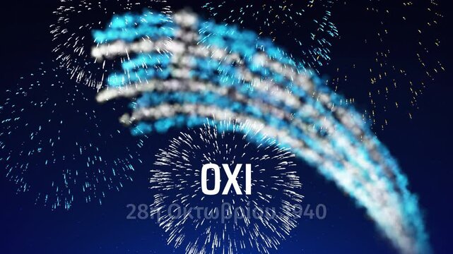 October 28, happy greece ohi day banner. Fireworks greek flag on blue night sky background. Animated greeting card. Seamless loop. Translation: December Ohi day October 28, 1940
