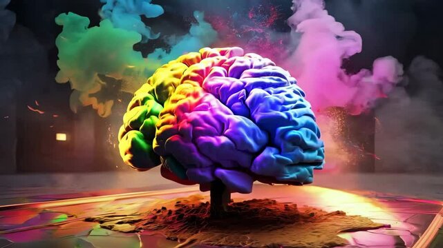 vibrant and dynamic illustration of a human brain, split into two hemispheres, with splashes of colorful paint exploding outward