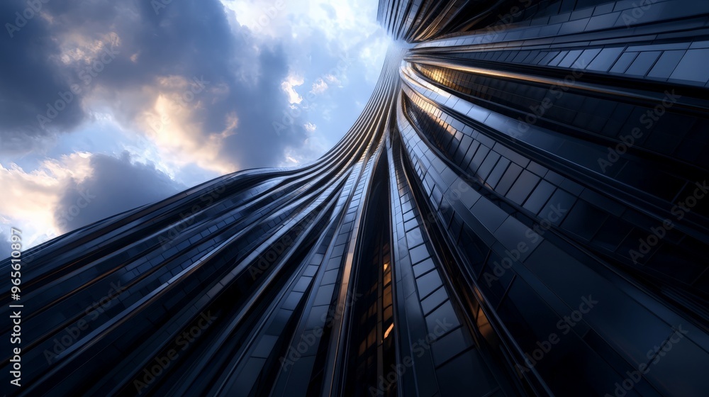 Poster modern skyscraper with dynamic curved design reaching towards the sky, highlighted by dramatic cloud