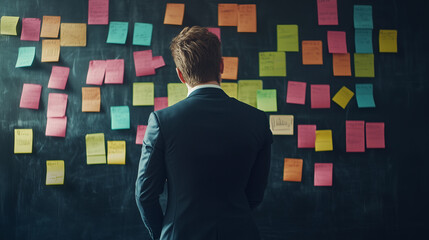 A businessman analyzes colorful sticky notes on a blackboard during a strategic planning session