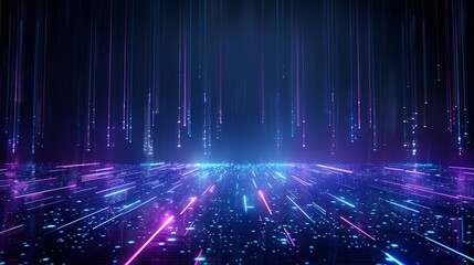 A vibrant digital landscape featuring cascading light beams and colorful neon effects, perfect for tech and futuristic themes. Stage for product presentation.