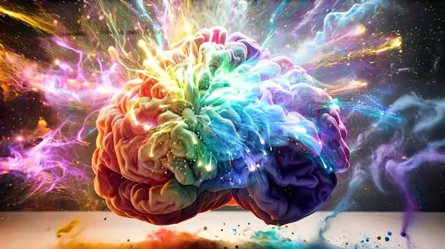 vibrant and dynamic illustration of a human brain, split into two hemispheres, with splashes of colorful paint exploding outward